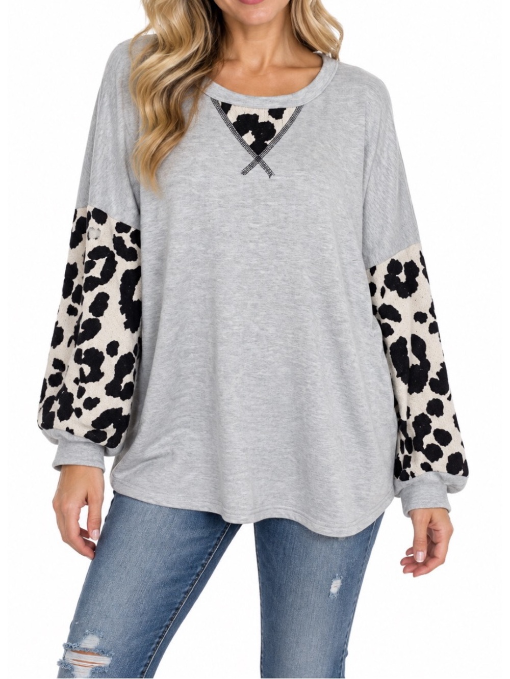 Lovely J heather-gray long-sleeve top features cream & black leopard-print
